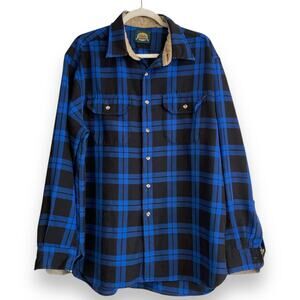 Cabelas Blue Black Checked Flannel Outdoors Gorpcore Button Down Shirt Size XL